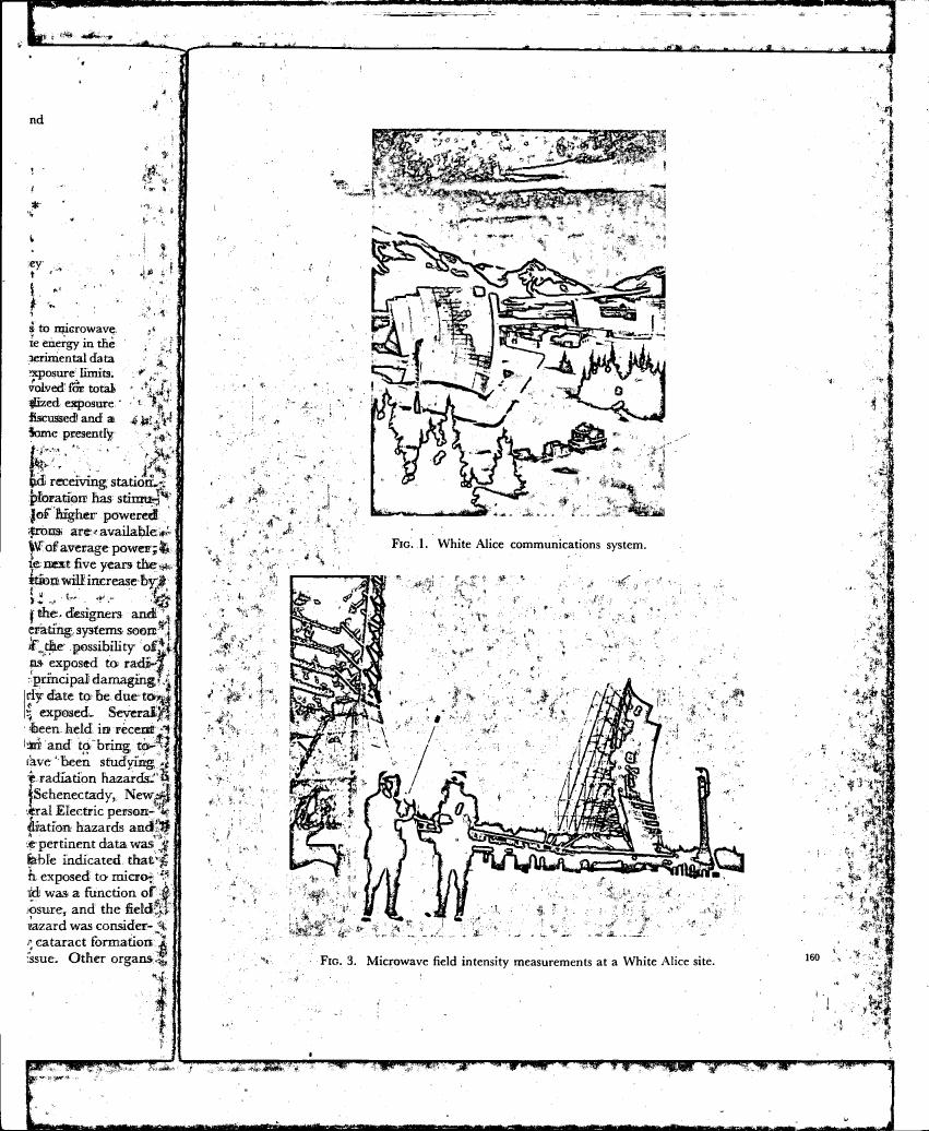 AI-described figure: Fig. 1: White Alice communications system; Fig. 3: Microwave field intensity measurements at a White Alice site.