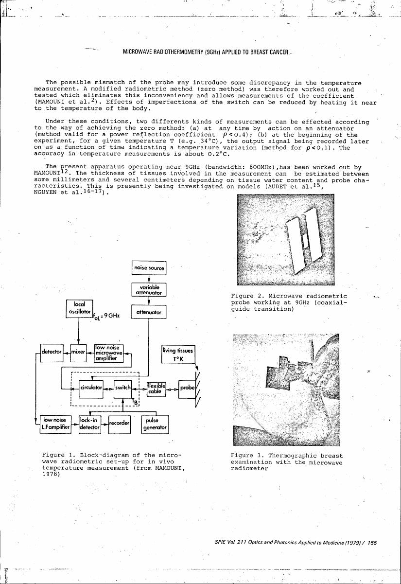 AI-described figure: Figure 1. Block-diagram of the microwave radiometric set-up for in vivo temperature measurement (from MAMOUNI, 1978)