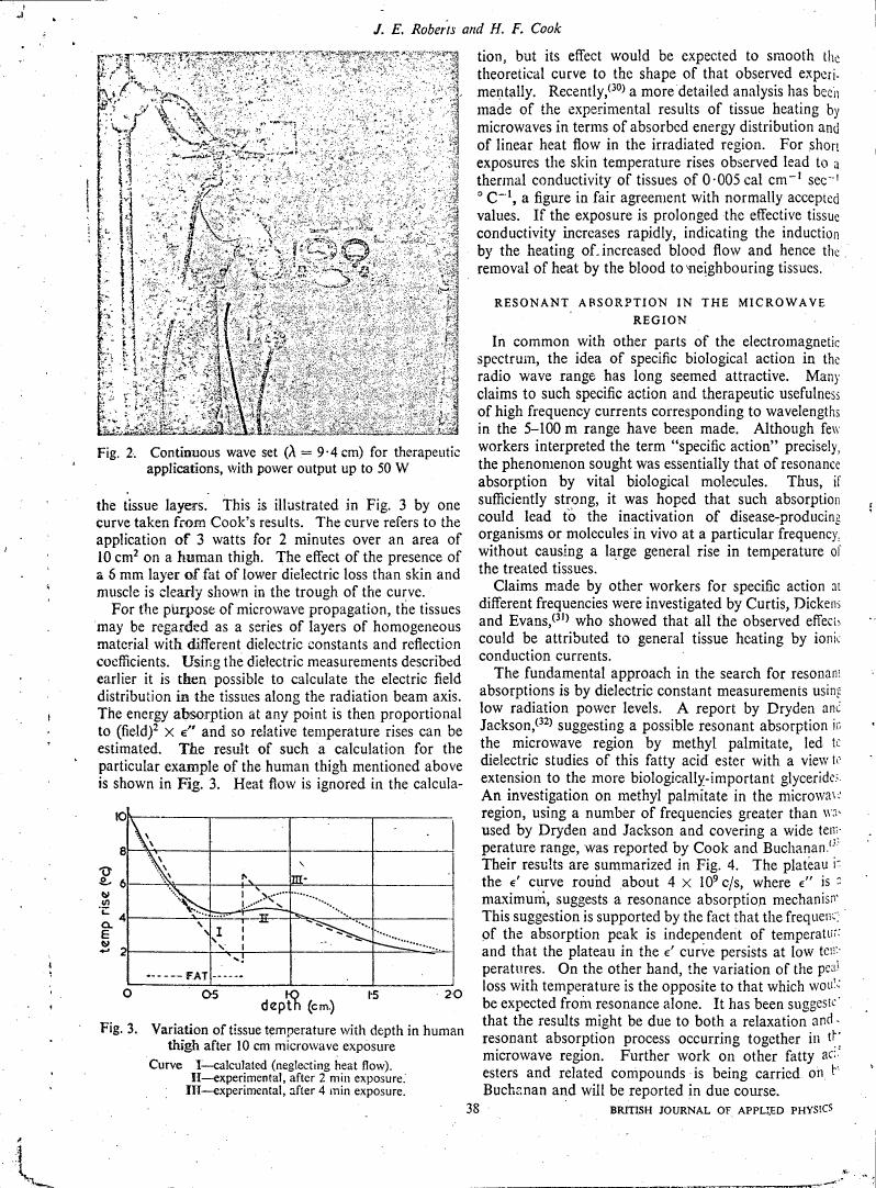 AI-described figure: Fig. 3: Variation of tissue temperature with depth in human thigh after 10 cm microwave exposure