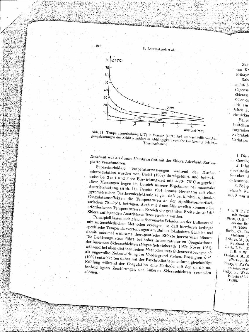 AI-described figure: Figure 11. Temperature increase (ΔT) in water (18°C) at different slit beam output powers as a function of distance from the thermoelement.