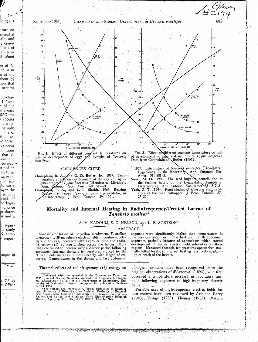 Fig. 1: Effect of different constant temperatures on rate of development of eggs and nymphs of Geocoris punctipes.