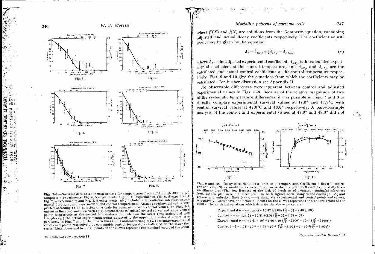 Survival data as a function of time for temperatures from 43°C through 48°C. Figures 3-8 show experimental survival curves plotted according to an adjusted time scale.