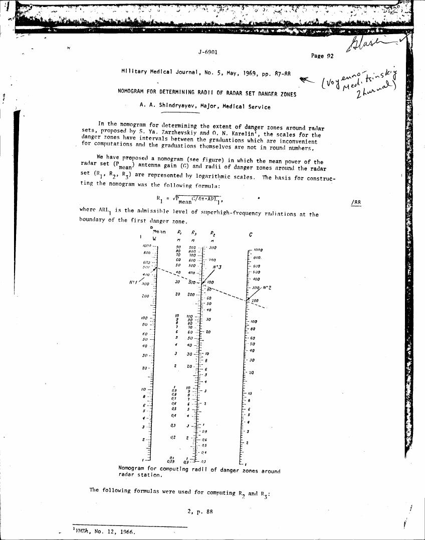 A nomogram for computing radii of danger zones around a radar station.