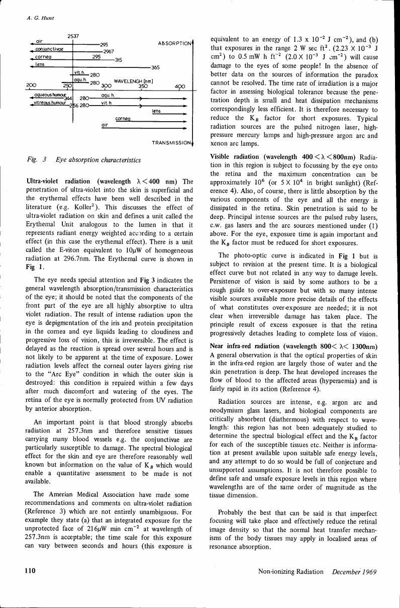AI-described figure: Figure 3 illustrates eye absorption characteristics with a wavelength scale and corresponding absorption/transmission values for various eye components.