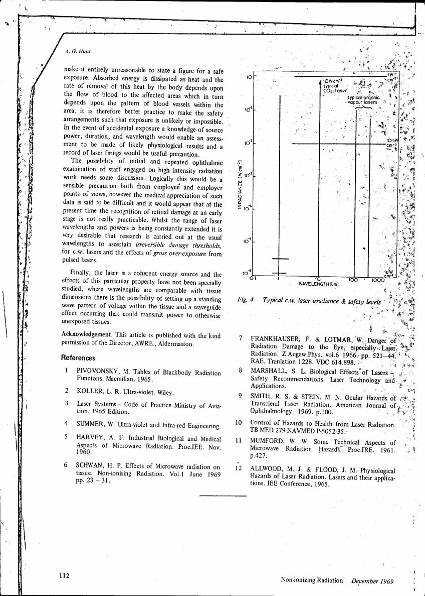 Fig. 4 Typical c.w. laser irradiance & safety levels