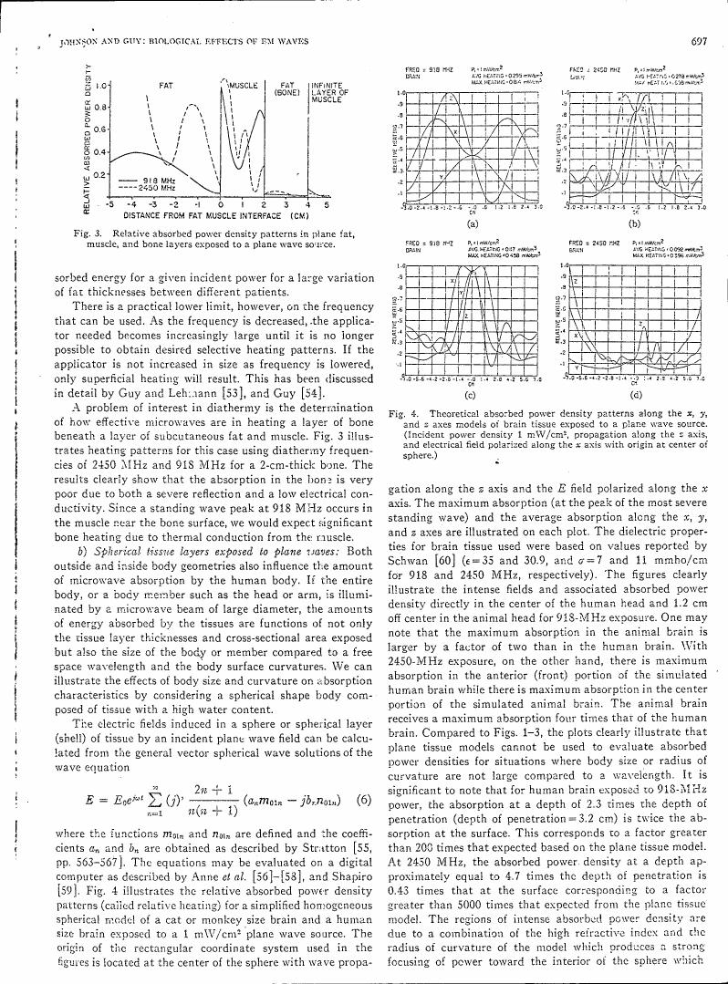 Fig. 3 illustrates relative absorbed power density patterns in plane fat, muscle, and bone layers exposed to a plane wave source.