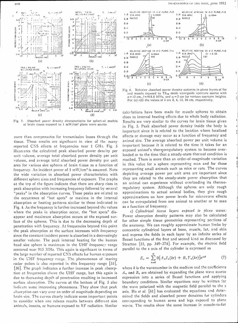 Fig. 5: Absorbed power density characteristics for spherical models of brain tissue exposed to a plane wave source.