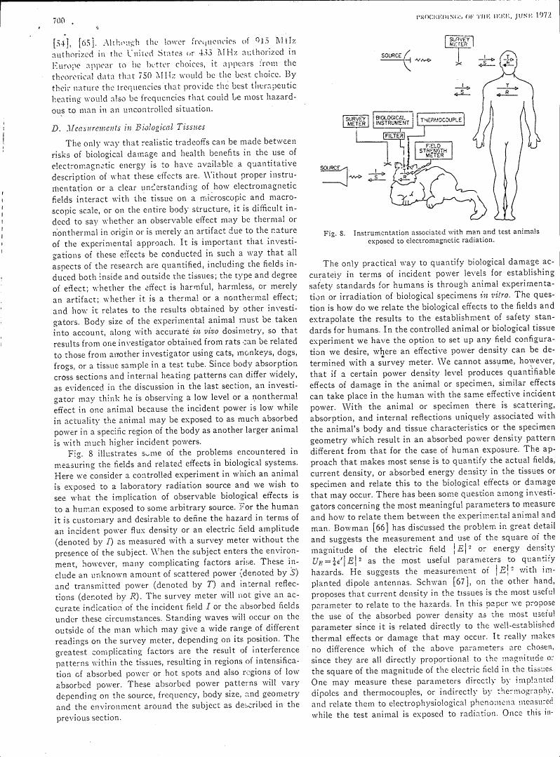Fig. 8 illustrates instrumentation associated with man and test animals exposed to electromagnetic radiation.