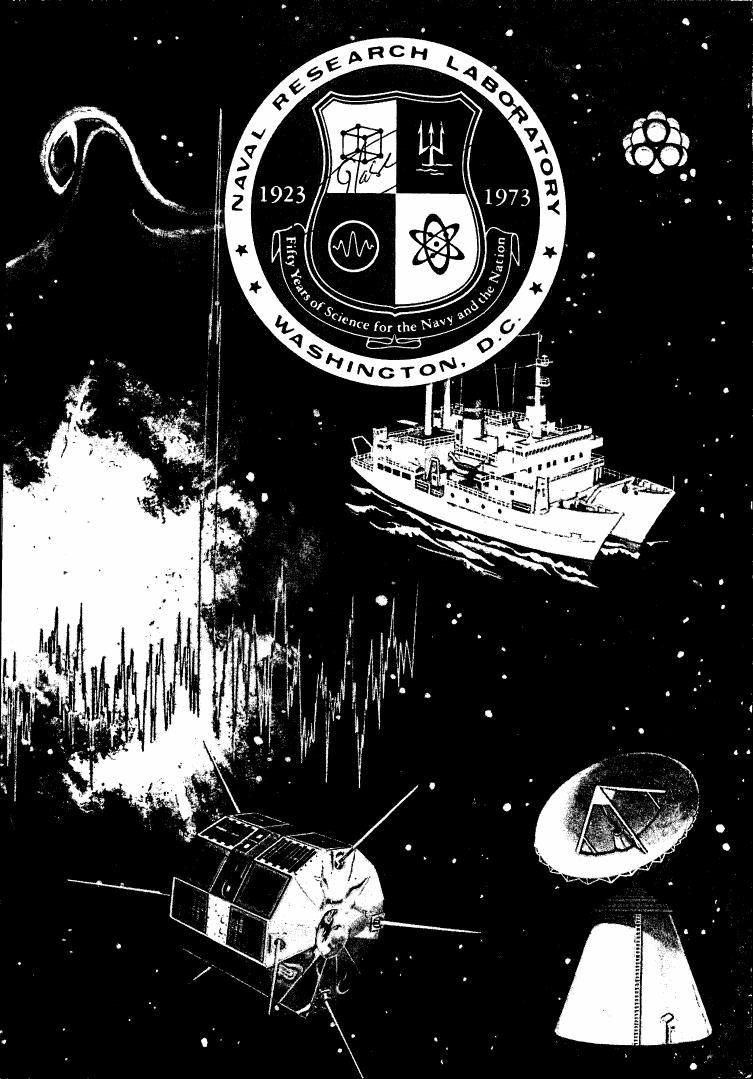 AI-described figure: A commemorative illustration celebrating the Naval Research Laboratory's 50th anniversary with symbols and imagery related to maritime research.