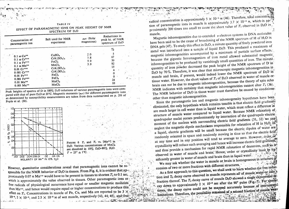 AI-described figure: Figure 6 displays a graph showing T1 and T2 versus Mn++ concentration in D2O.
