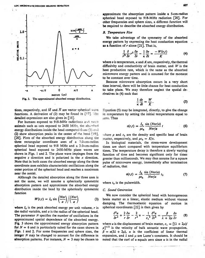 AI-described figure: Fig. 3 displays an approximated absorbed energy distribution with relative units on the y-axis and radius in centimeters on the x-axis.