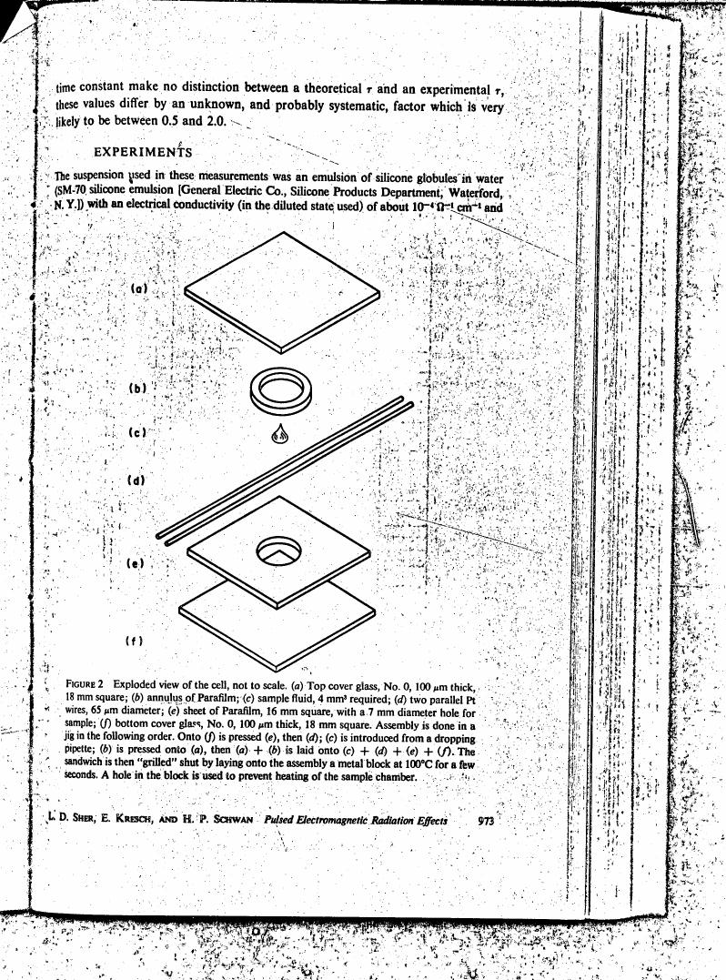 AI-described figure: Figure 2: Exploded view of a cell assembly for experiments involving silicone globules in water.