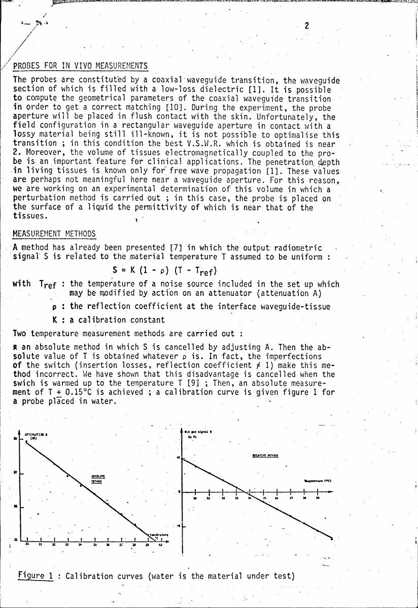 AI-described figure: Calibration curves showing attenuation A (dB) and output signal S (mV) as a function of temperature for water.
