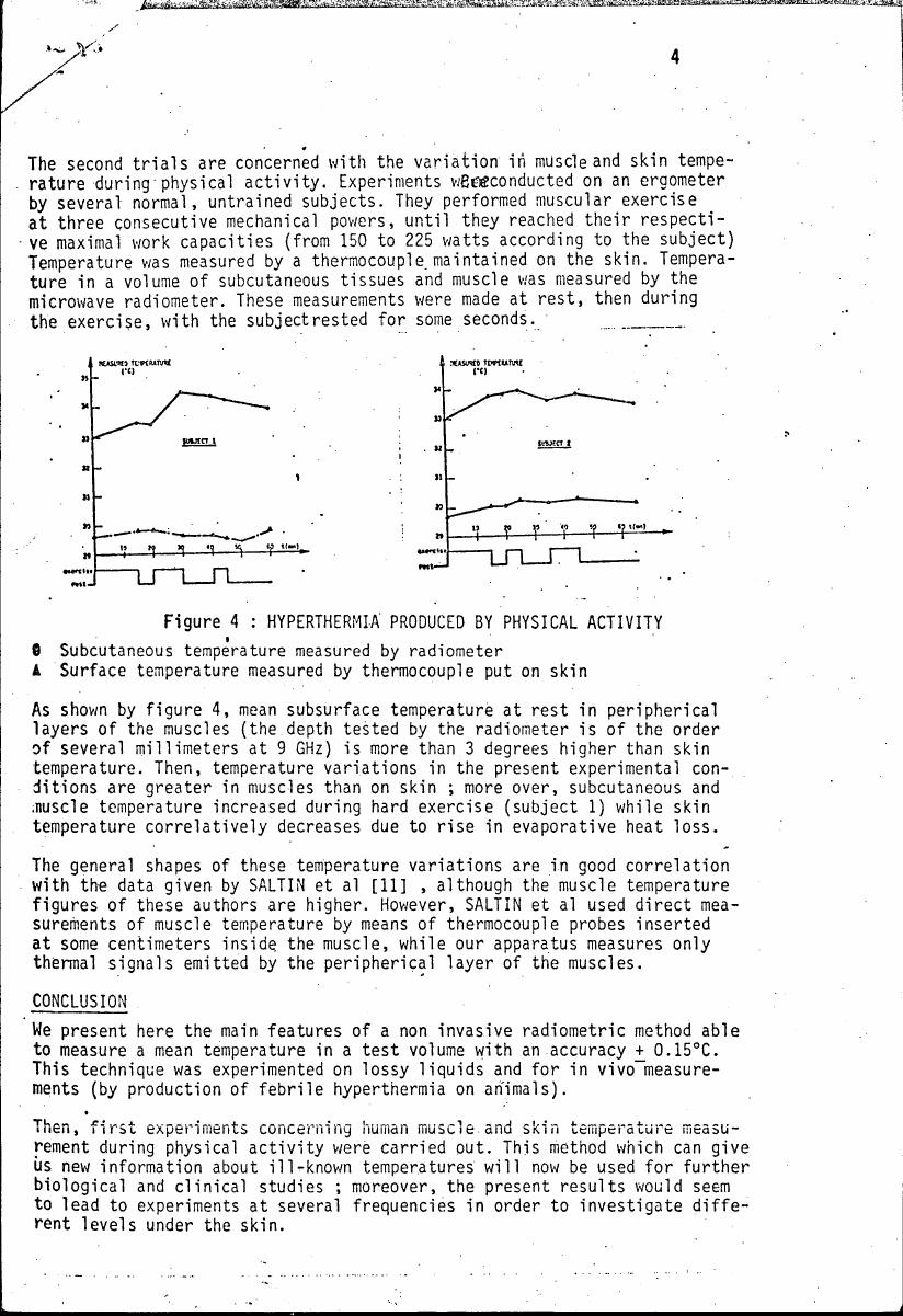 AI-described figure: Figure 4: Hyperthermia produced by physical activity showing measured temperature changes over time for two subjects.
