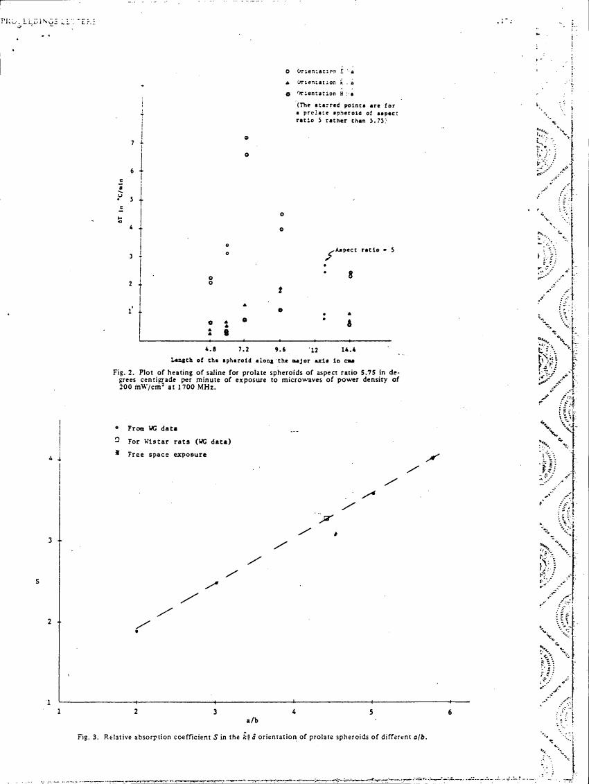 Fig. 2: Plot of heating of saline for prolate spheroids with aspect ratio 5.75 in degrees centigrade per minute of exposure to microwaves at 1700 MHz.