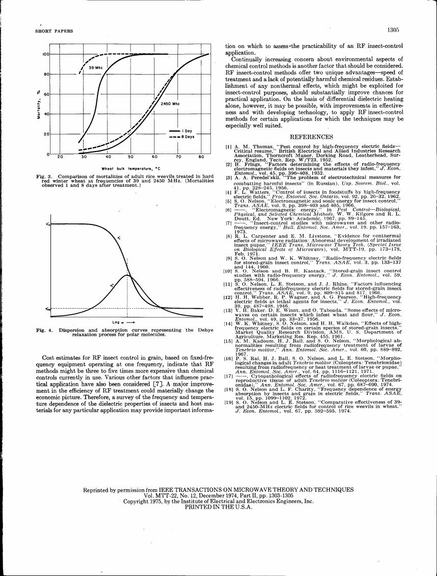 Comparison of mortalities of adult rice weevils treated in hard red winter wheat at frequencies of 39 and 2450 MHz, observed after 1 and 8 days.