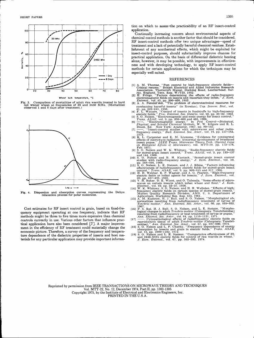 Comparison of mortalities of adult rice weevils treated in hard red winter wheat at frequencies of 39 and 2450 MHz (Mortalities observed 1 and 8 days after treatment).