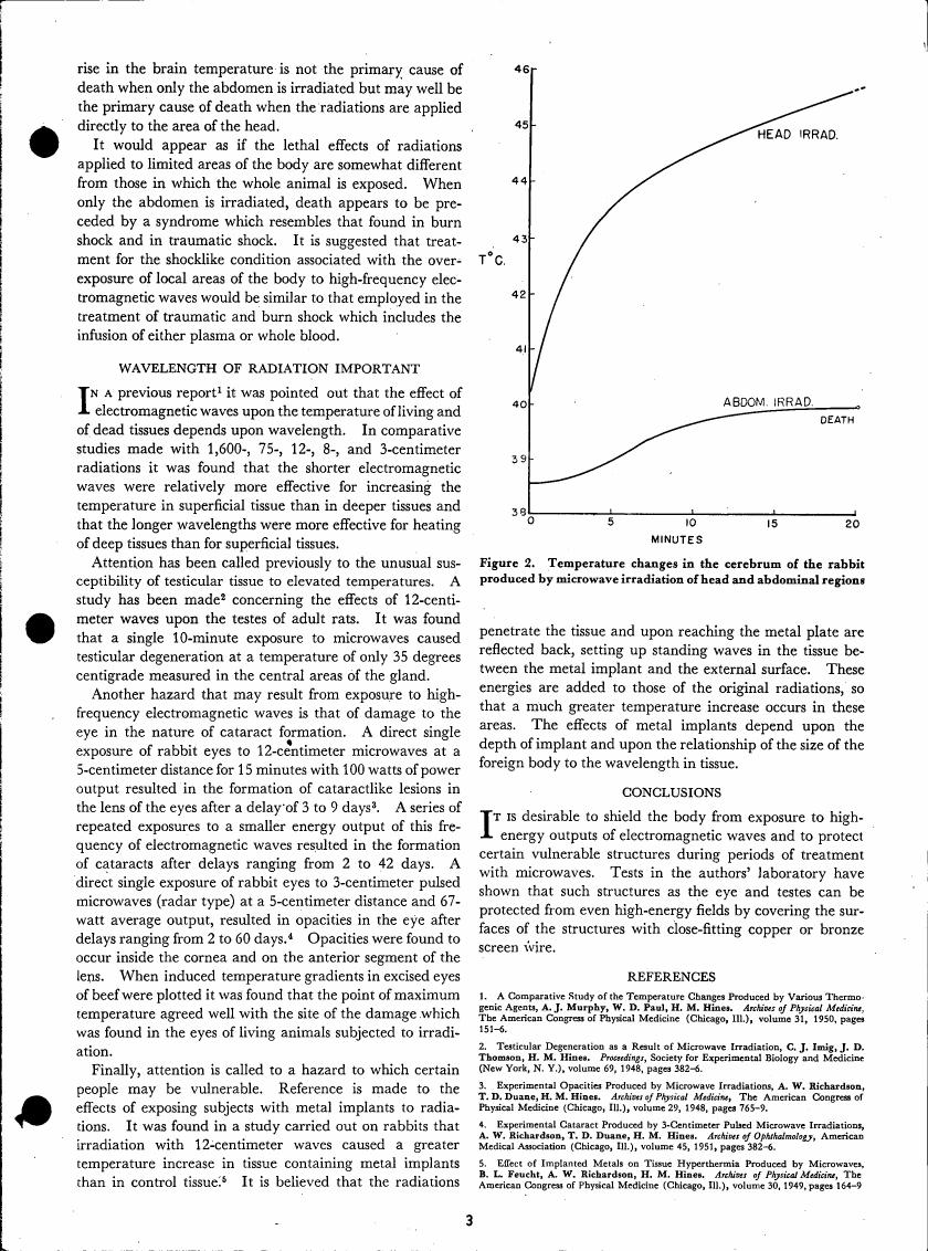 Figure 2. Temperature changes in the cerebrum of the rabbit produced by microwave irradiation of head and abdominal regions.