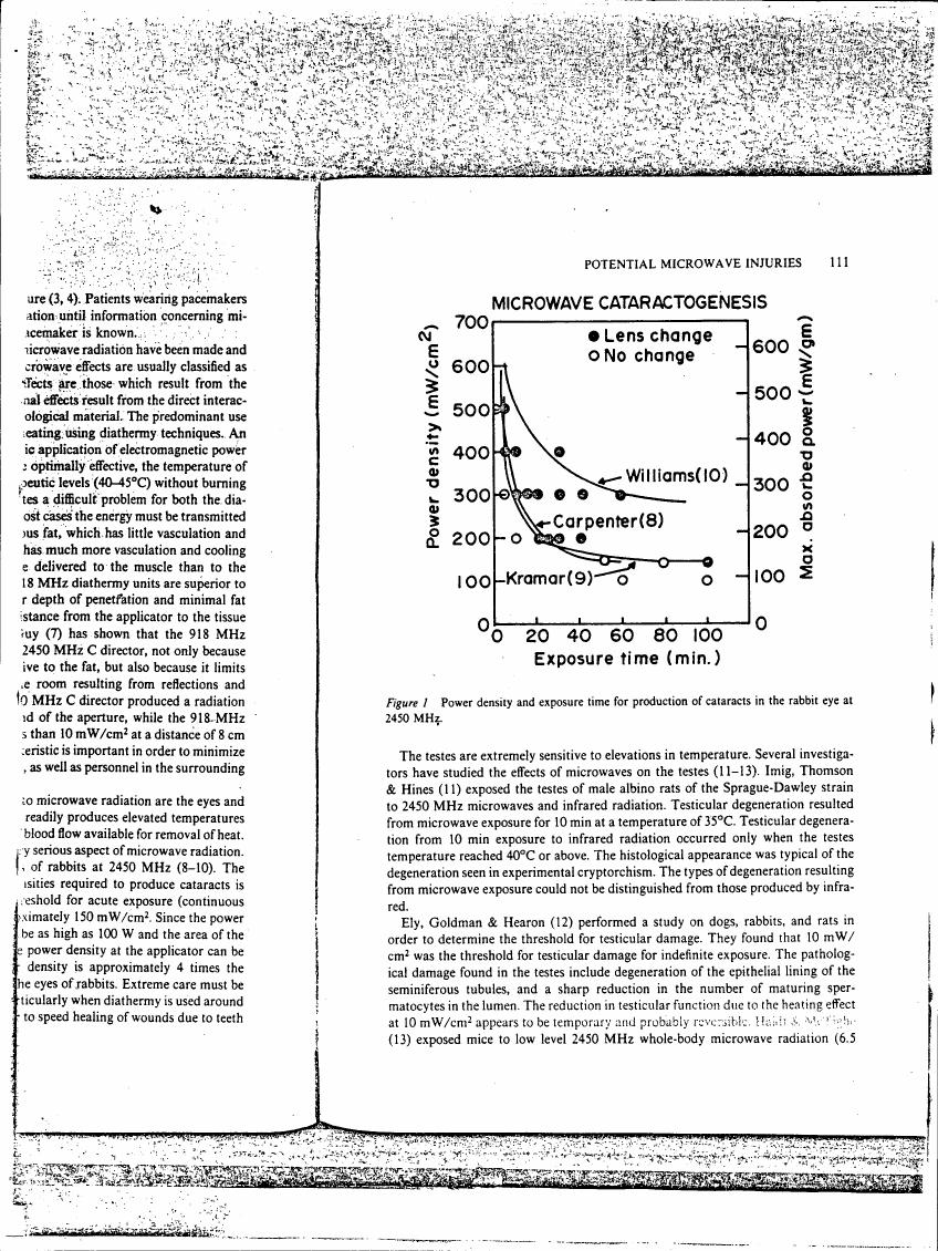 Figure 1: Power density and exposure time for production of cataracts in the rabbit eye at 2450 MHz.