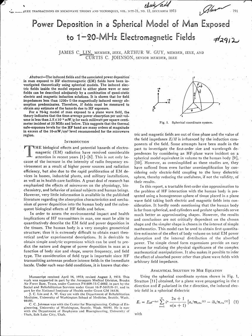AI-described figure: Spherical coordinate system used in the paper to describe power deposition in a spherical model of man exposed to electromagnetic fields.