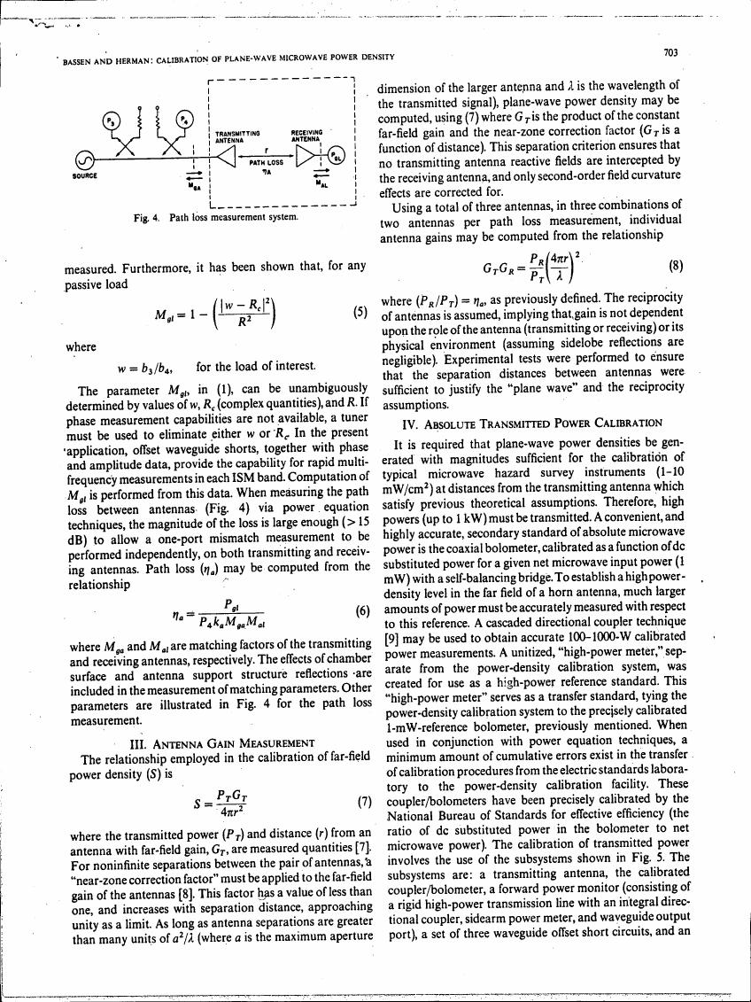 AI-described figure: Figure 4 illustrates a path loss measurement system involving antennas and components for microwave power density calibration.