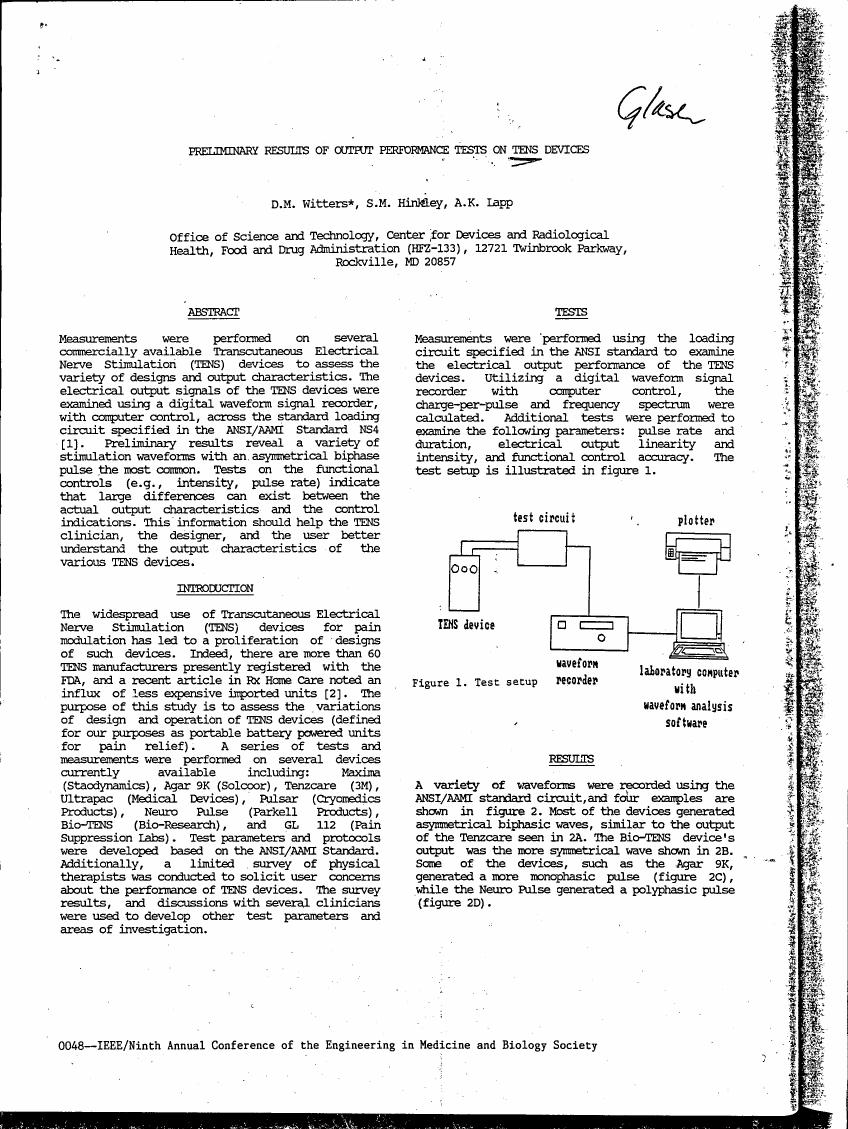 AI-described figure: A test setup diagram showing a TENS device connected to a waveform recorder and laboratory computer with analysis software.