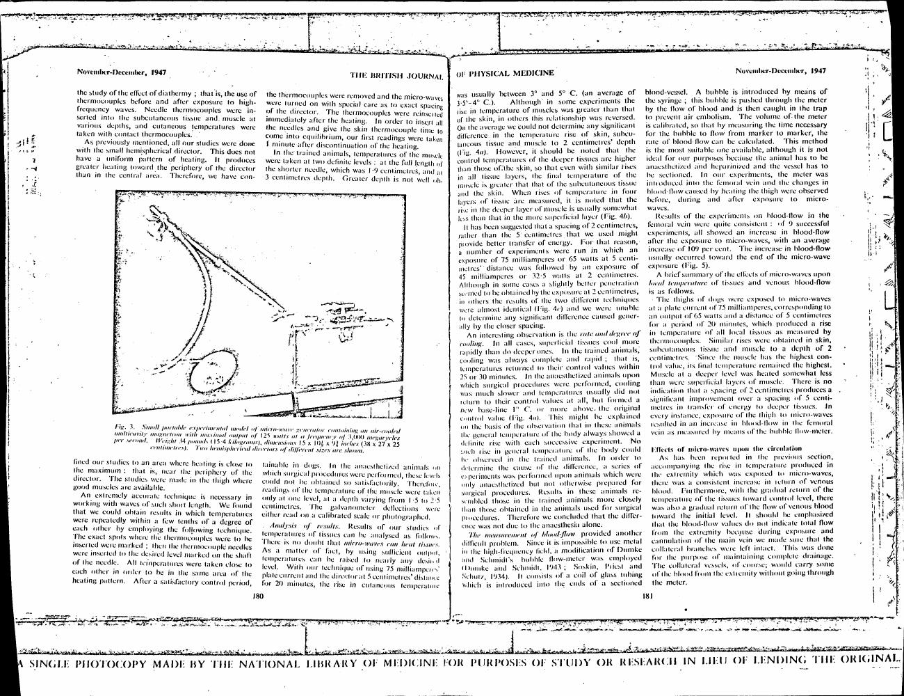 AI-described figure: Figure 3 illustrates a small portable experimental model of a micro-wave generator containing an air-cooled ambidextrous magnetron with maximal output.