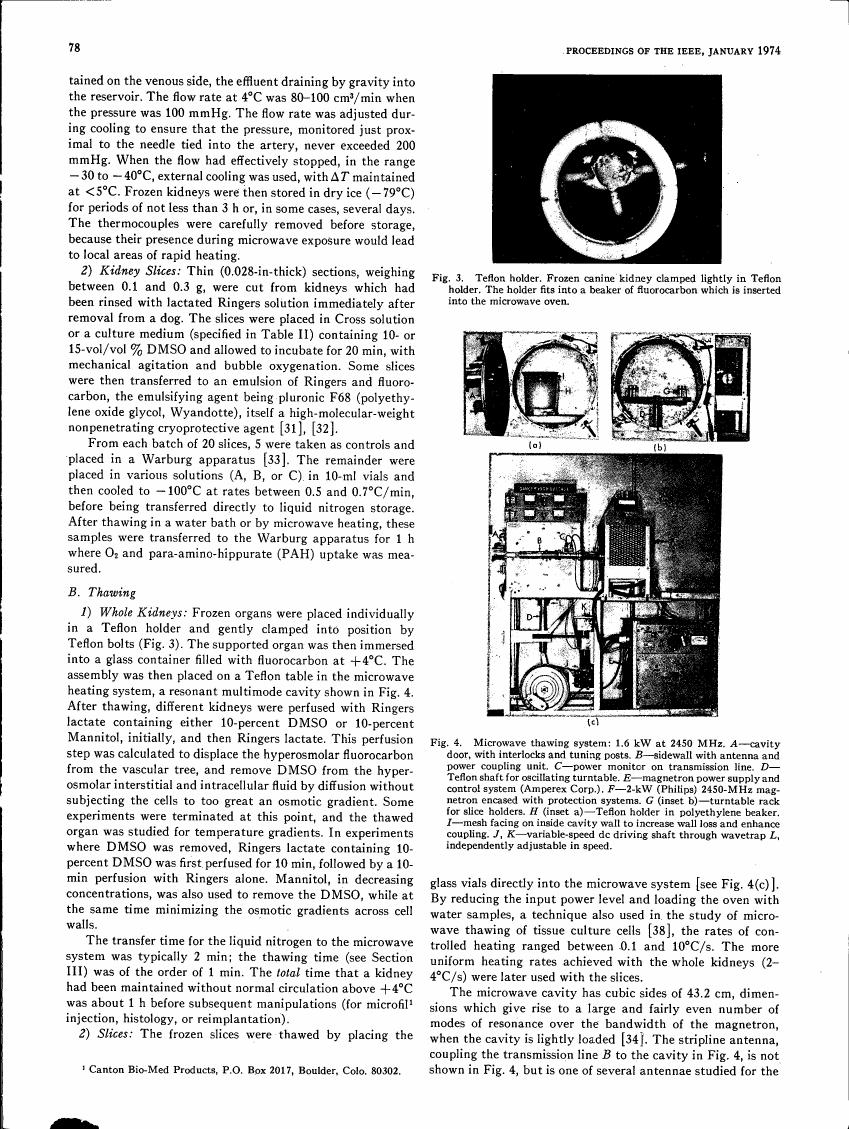 AI-described figure: Figure 3 illustrates a Teflon holder used to clamp frozen canine kidneys for microwave thawing experiments.