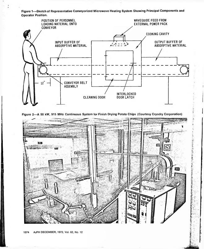 Figure 1: Sketch of a representative conveyorized microwave heating system showing principal components and operator position.