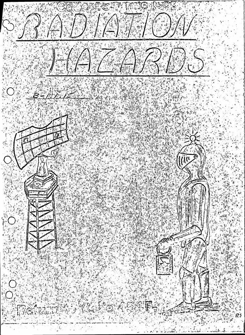 AI-described figure: A hand-drawn diagram illustrating radiation hazards with a person wearing protective gear and a tower emitting radiation.