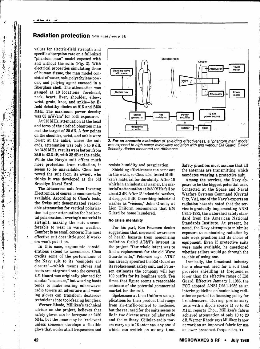 AI-described figure: A diagram illustrating a shielding setup for evaluating microwave radiation protection using a 'phantom man' model.