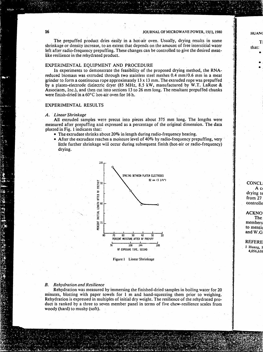 AI-described figure: Figure 1: Linear Shrinkage showing percentage initial length after RF pre-puffing as a function of percent moisture and RF exposure time.