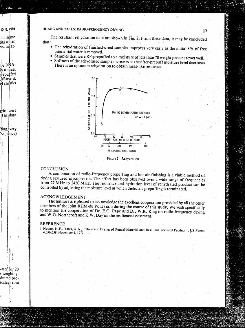 AI-described figure: Figure 2: Rehydration showing reported weight as a function of percent moisture after RF prepuffing and RF exposure time.