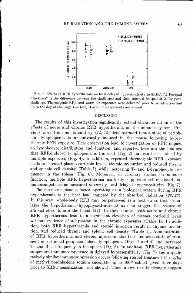 AI-described figure: Figure 7. Effects of RFR hyperthermia on local delayed hypersensitivity to SRBC.