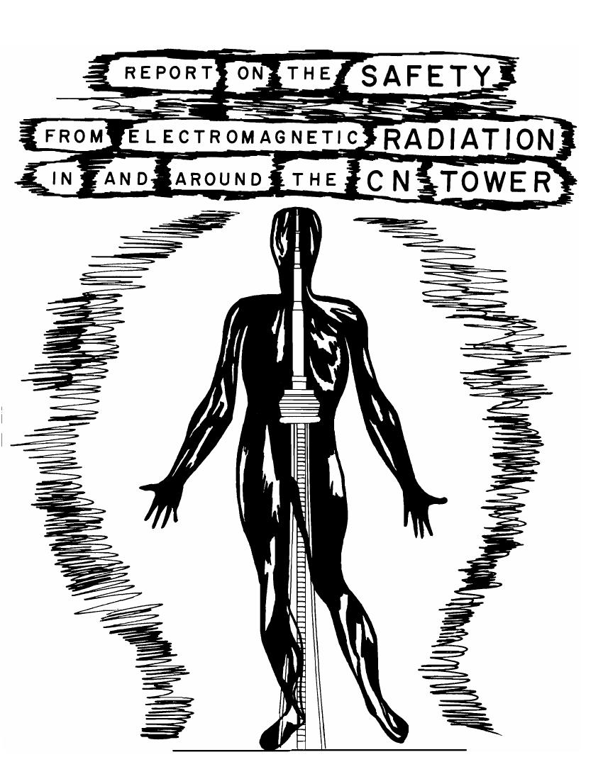 AI-described figure: A diagram illustrating a human figure with an electromagnetic radiation signal emanating from and around it, labeled as 'Report on the Safety From Electromagnetic Radiation In and Around The CN Tower'.
