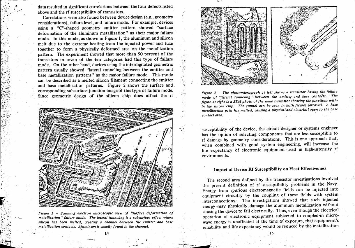 Scanning electron microscopic view of 'surface deformation of metallization' failure mode.