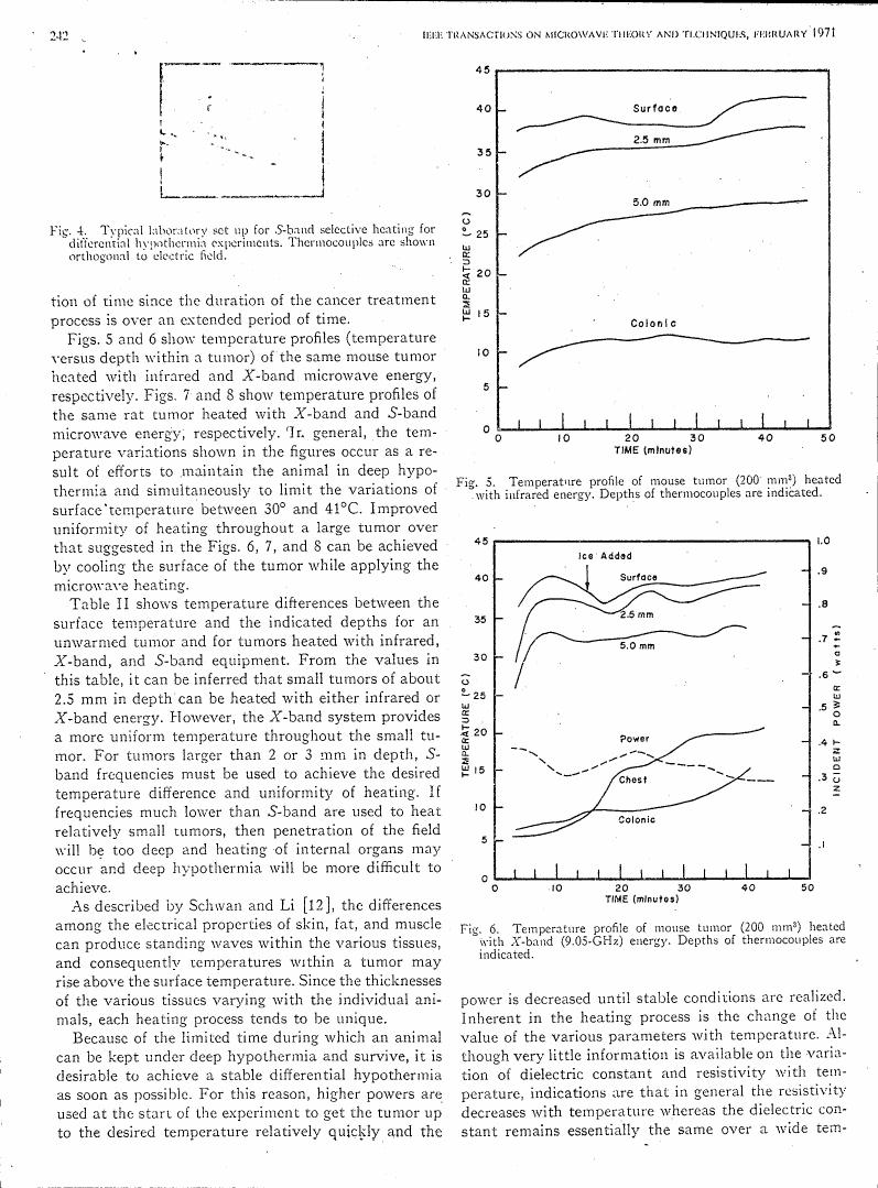 AI-described figure: Figure 5: Temperature profile of mouse tumor (200 mm³) heated with infrared energy. Depths of thermocouples are indicated.