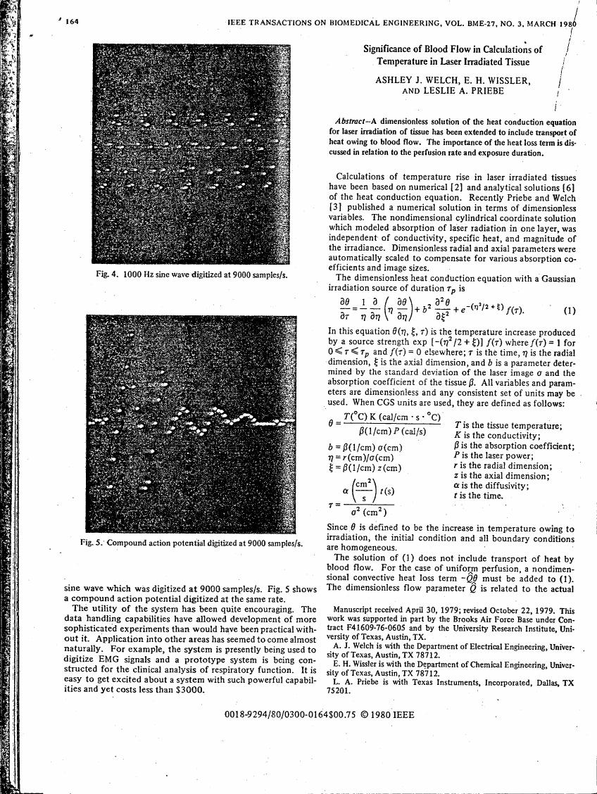 AI-described figure: Fig. 4 and Fig. 5 show digitized waveforms: a sine wave at 1000 Hz in Fig. 4, and a compound action potential in Fig. 5.