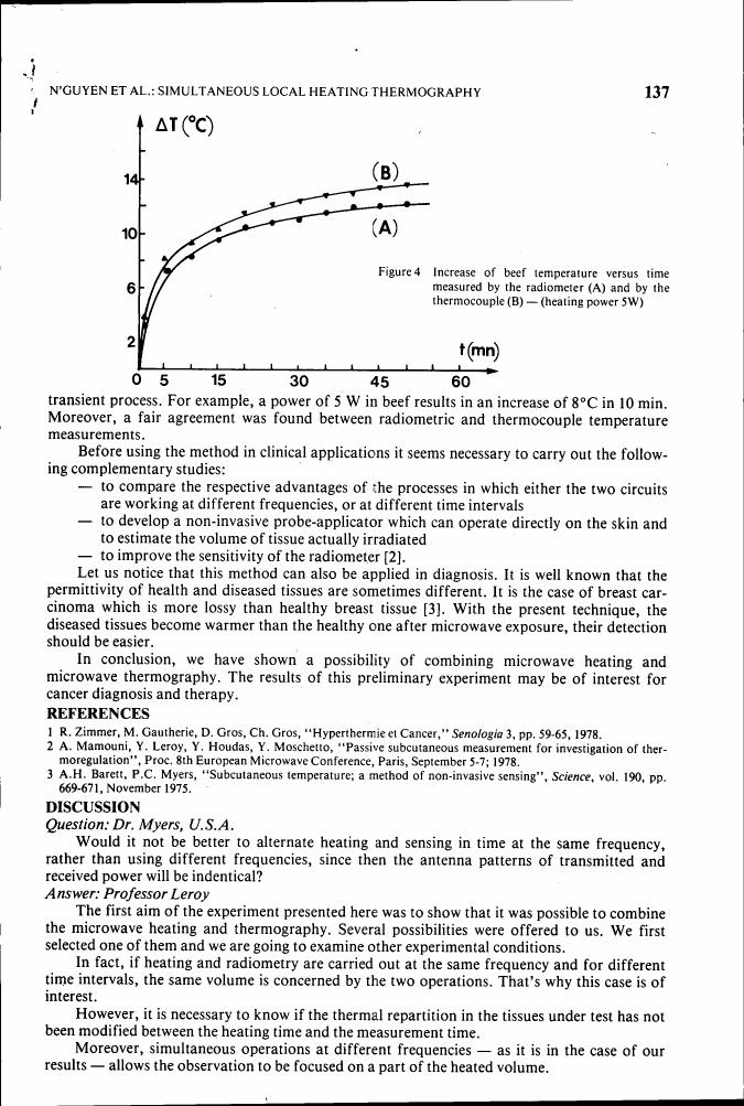 Figure 4: Increase of beef temperature versus time measured by the radiometer (A) and by the thermocouple (B) — (heating power 5W)