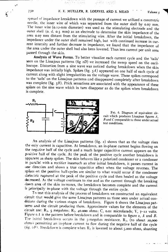 AI-described figure: Figure 6. Diagram of equivalent circuit which produces Lissajous figures A, B and C comparable to those under actual test conditions.