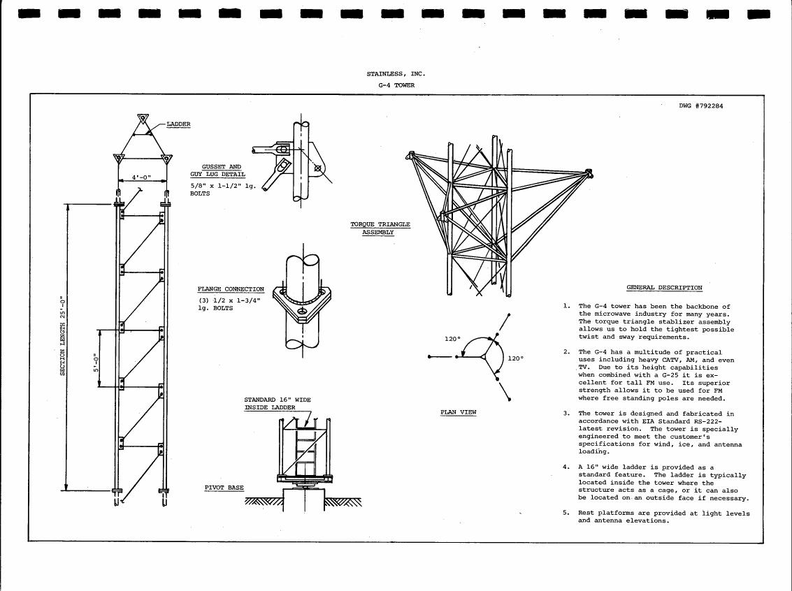 AI-described figure: A detailed technical diagram illustrating various components and specifications of a G-4 tower, including dimensions, connections, and assembly details.