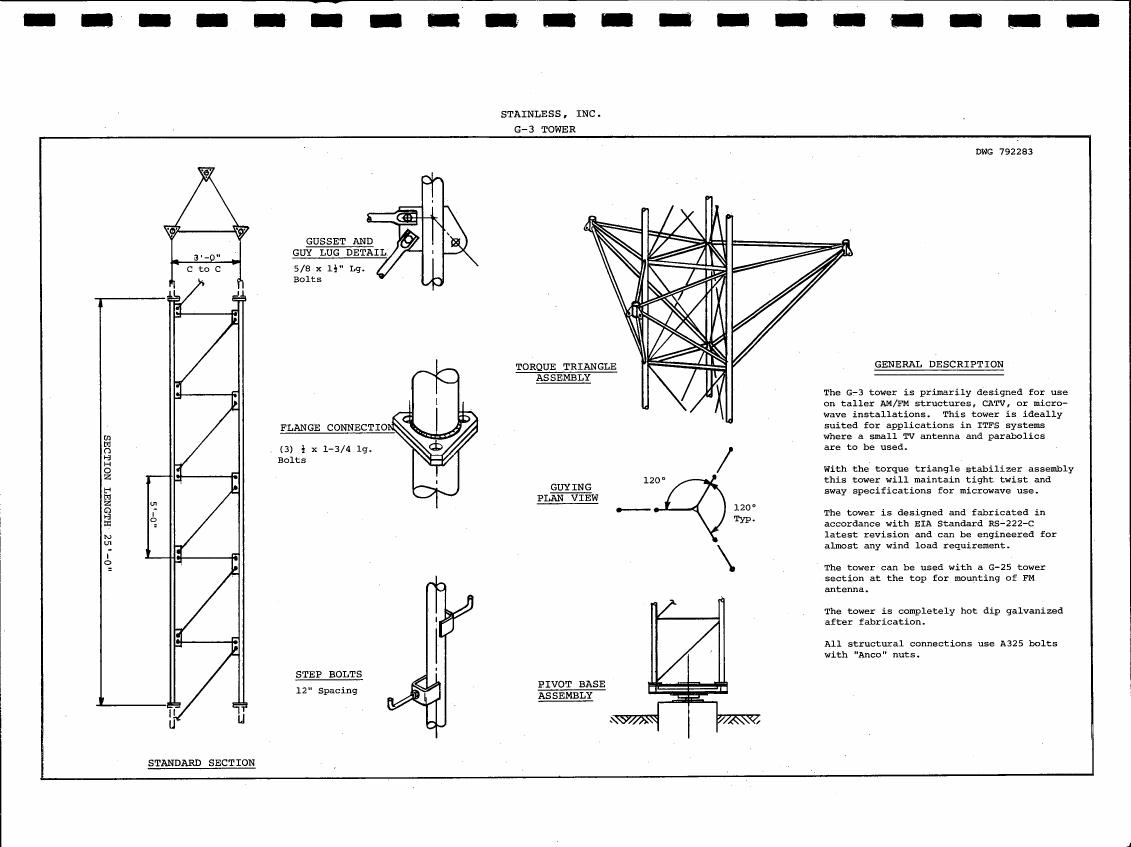 AI-described figure: A detailed technical diagram illustrating various components and specifications of a G-3 tower by Stainless, Inc., including section lengths, bolt details, and assembly views.
