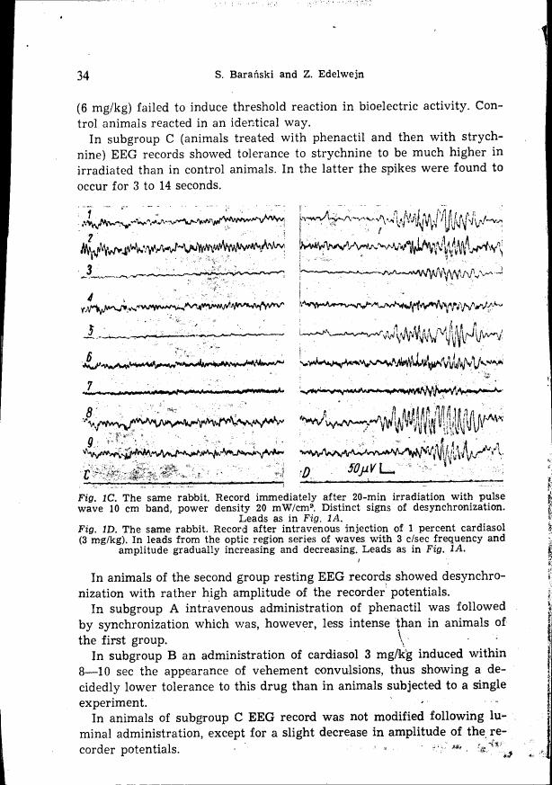 AI-described figure: EEG recordings from a rabbit after various treatments and irradiation, showing desynchronization patterns.