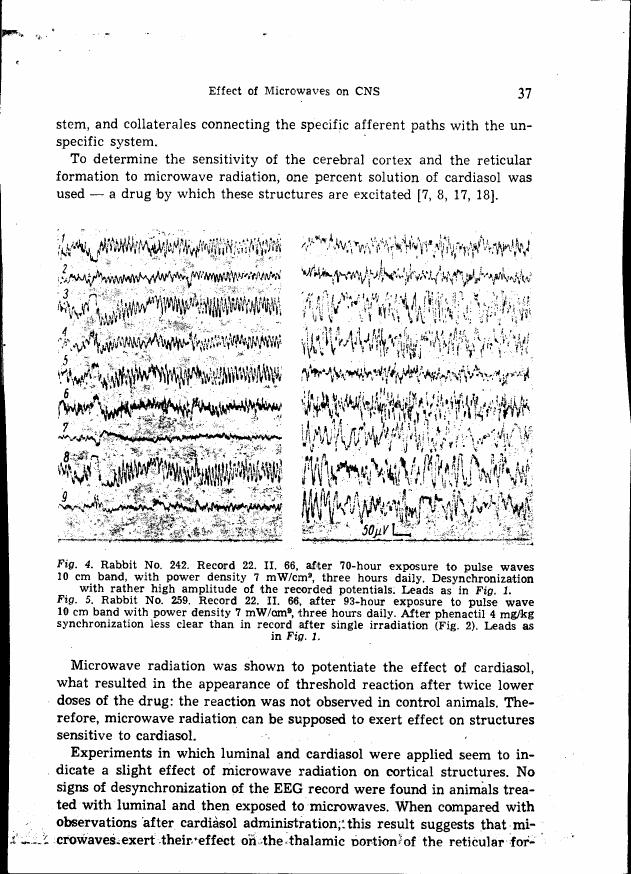 AI-described figure: Electroencephalogram (EEG) recordings from rabbits exposed to microwave radiation and treated with cardiasol, showing desynchronization of brain activity.