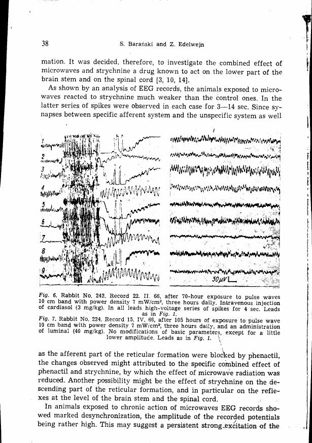 AI-described figure: Electroencephalogram (EEG) recordings from a rabbit exposed to microwave radiation and strychnine, showing spike series in each case for 3-14 seconds.