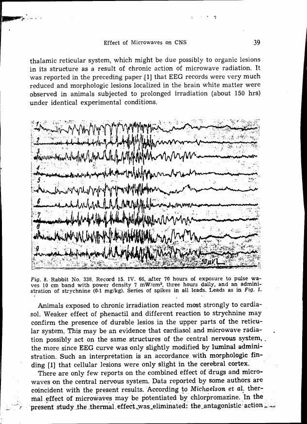 AI-described figure: Figure 8 from the paper displays EEG recordings for a rabbit exposed to microwave radiation and strychnine administration.