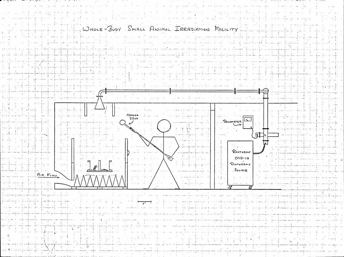 AI-described figure: A diagram illustrating a whole-body small animal irradiation facility with labeled components and airflow direction.