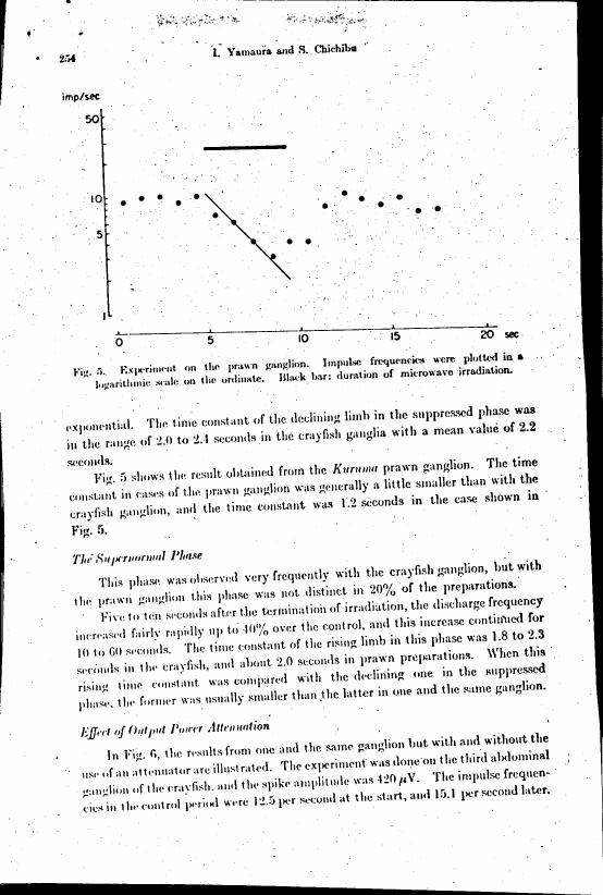 AI-described figure: Fig. 5: Experiment on the prawn ganglion showing impulse frequencies plotted in a logarithmic scale against time.