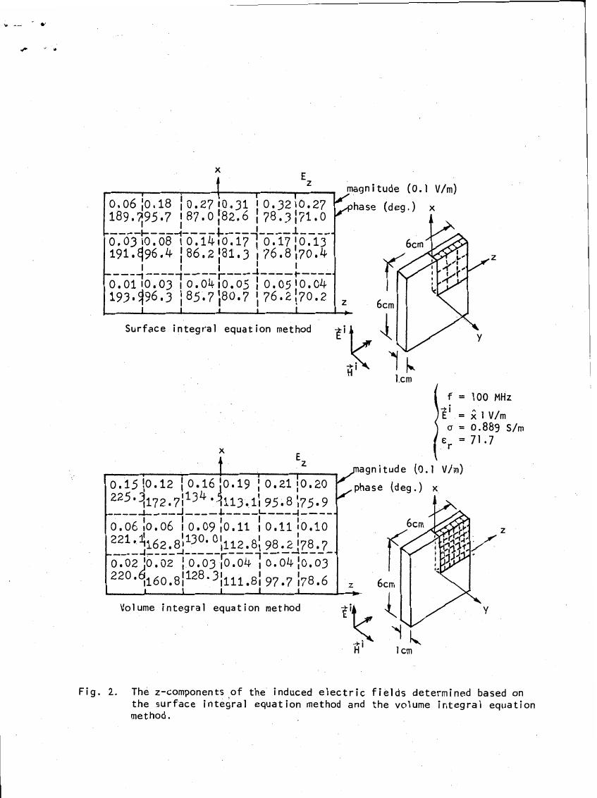 Fig. 2: The z-components of the induced electric fields determined based on the surface integral equation method and the volume integral equation method.