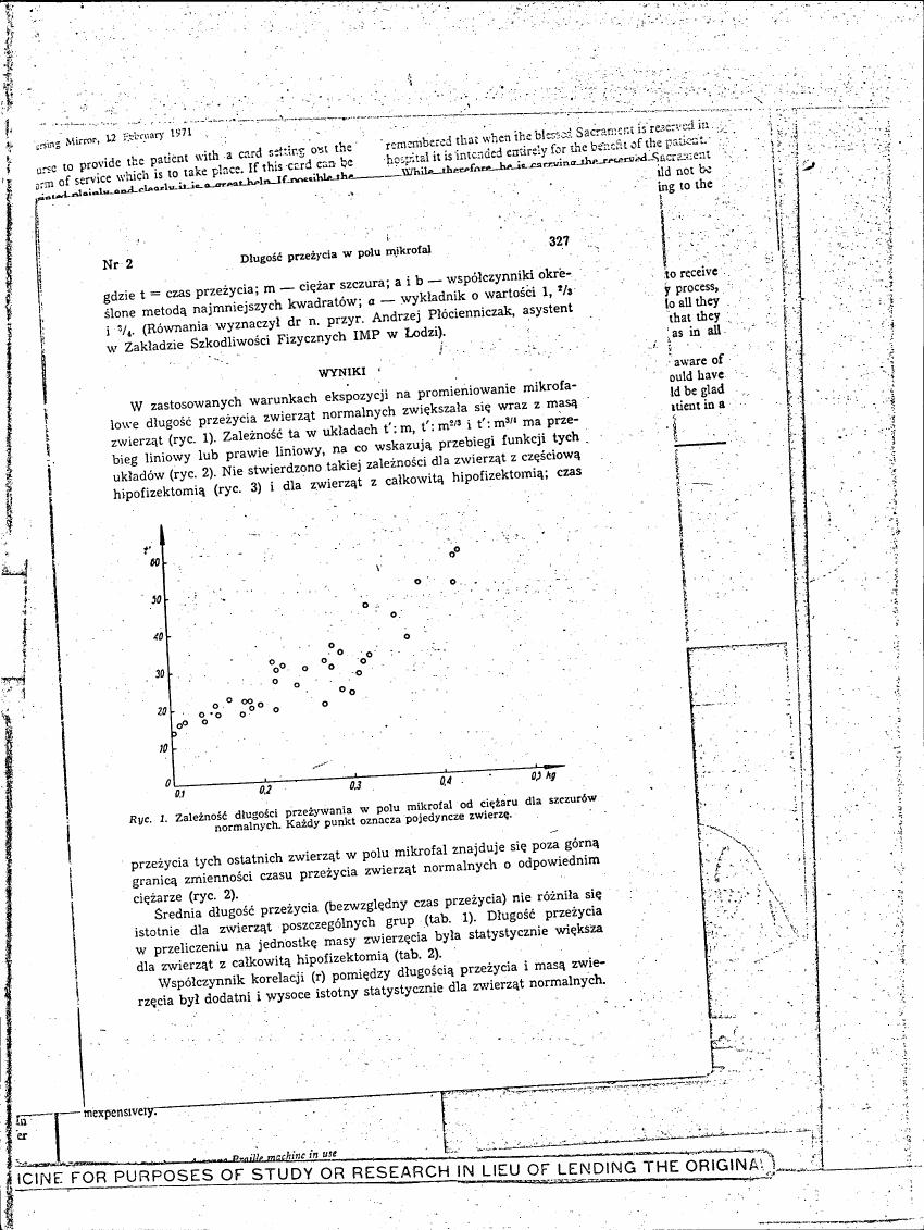 AI-described figure: Figure 1. Relationship between survival time in microfield and body weight for normal mice. Each point represents an individual mouse.